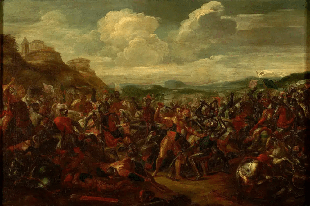 Historical painting of a chaotic battle scene with soldiers and dramatic clouds.