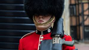 Guard in red uniform with bearskin hat and rifle standing at attention.