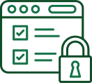 Outline of a webpage with checkmarks and a padlock, symbolizing security.