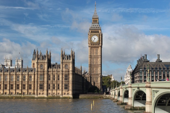 Big Ben and Houses of Parliament beside the River Thames in London.