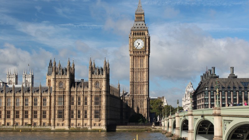 Big Ben and Houses of Parliament beside the River Thames in London.