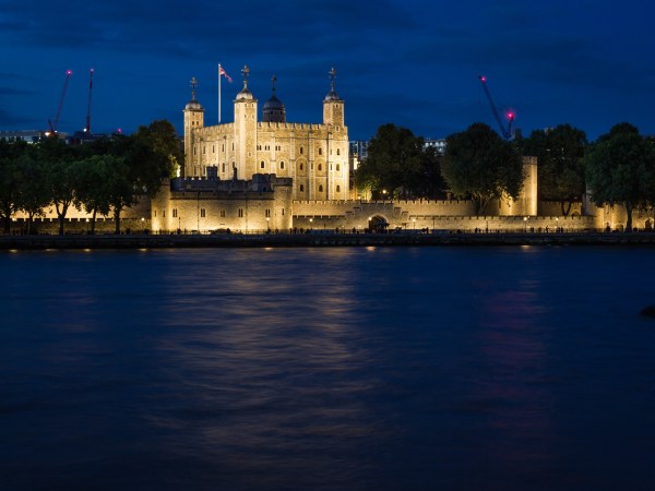 Illuminated castle by river at night, with trees and cranes in the background.